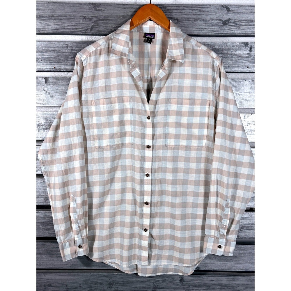 Patagonia Womens Organic Cotton Hemp Gingham Plaid Button Down Shirt Tan Medium